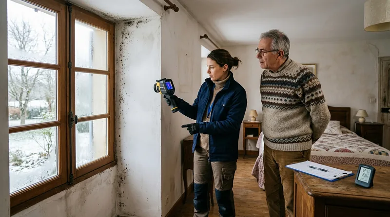 Spécialiste mesurant l'humidité d'un mur dans le Ain